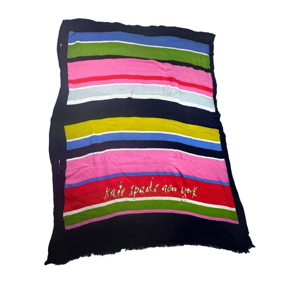 Kate Spade New York Flag Stripe Oblong Scarf Wrap Gold Foil Logo